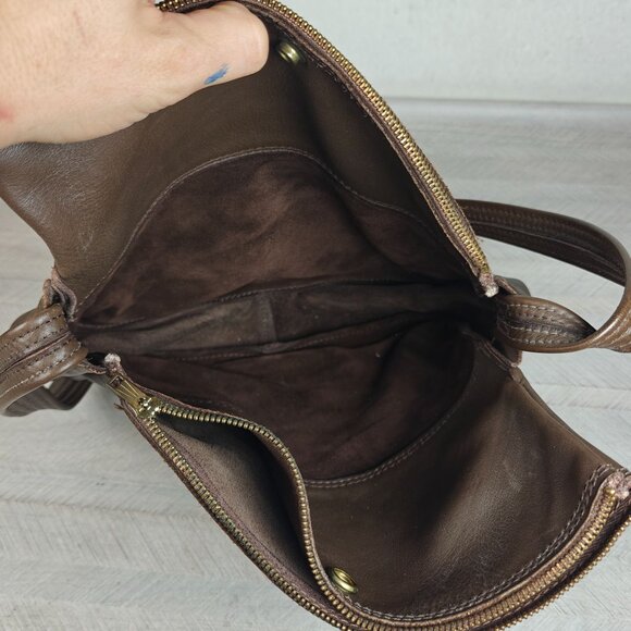 Vintage 60s Brown Genuine Leather Shoulder Bag Asymmetrical Boho Hippie - Picture 4 of 11